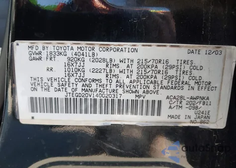 2004 Toyota Rav4 z USA, uszkodzony, nr VIN JTEGD20V140020317